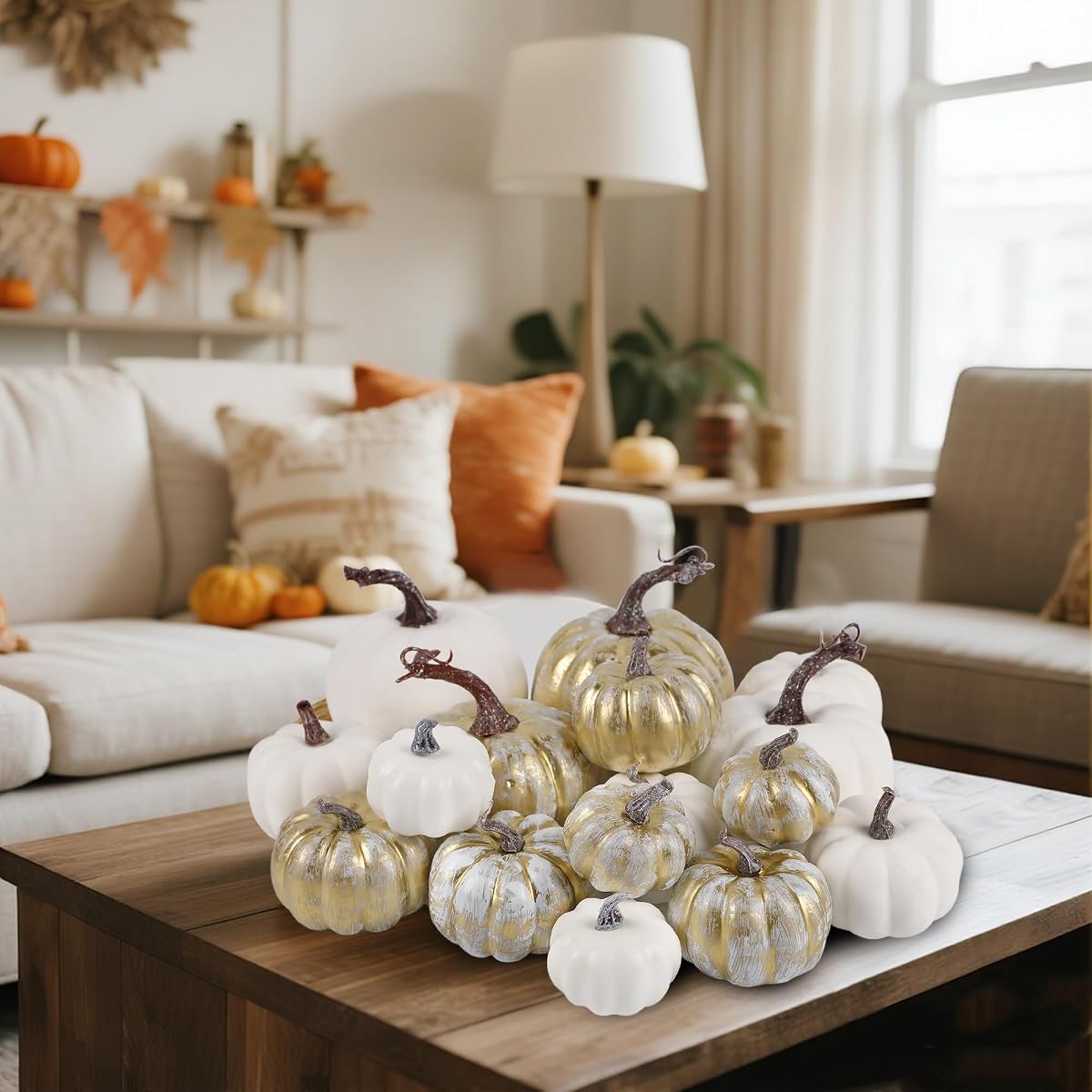 winemana 16 Pcs Golden and White Pumpkins Fall Decorations for Home - imagem de detalhe 1
