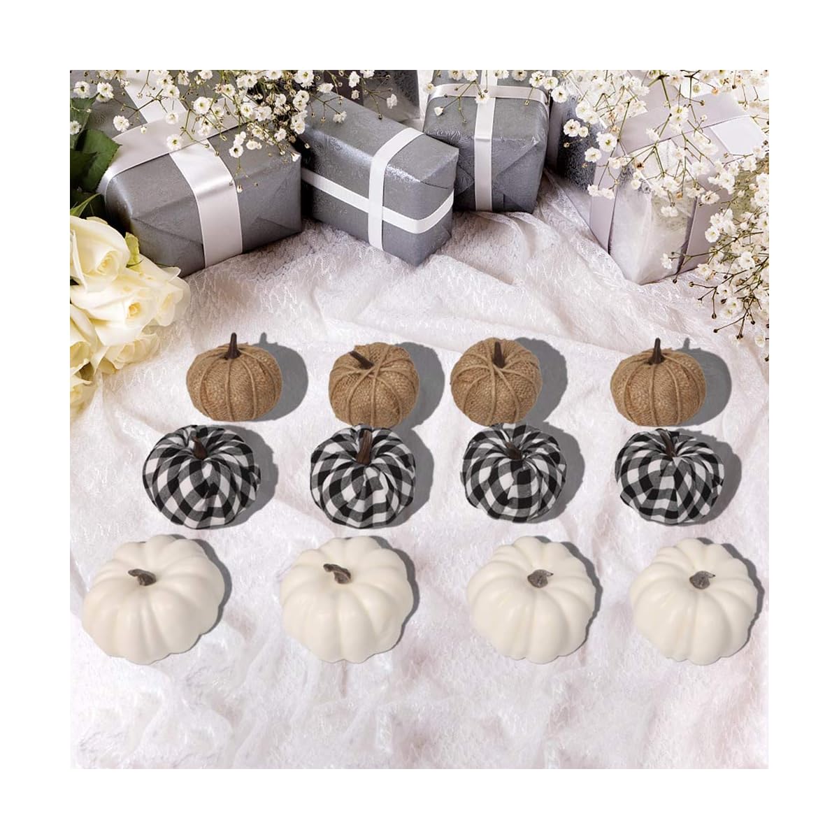 winemana 12 Pcs Thanksgiving Decorations Artificial Pumpkins, Mini White Pumpkins Burlap Lattice Pattern Pumpkins, Fall Decorations for Home Kitchen Table Indoor Outdoor Friendsgiving - 细节图 5