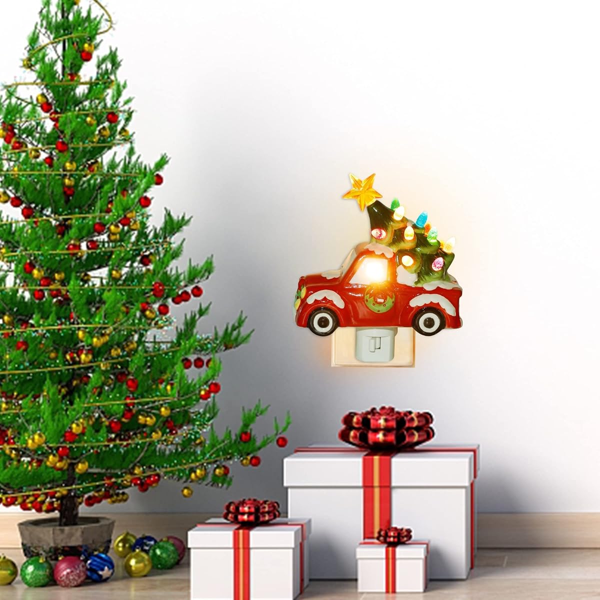 DR.DUDU Christmas Ceramic Night Light Red Truck with Christmas Tree, Decorative Xmas Nightlights with Multicolor Lights, Perfect for Home Bedroom Hallway Holiday Decor - 细节图 6
