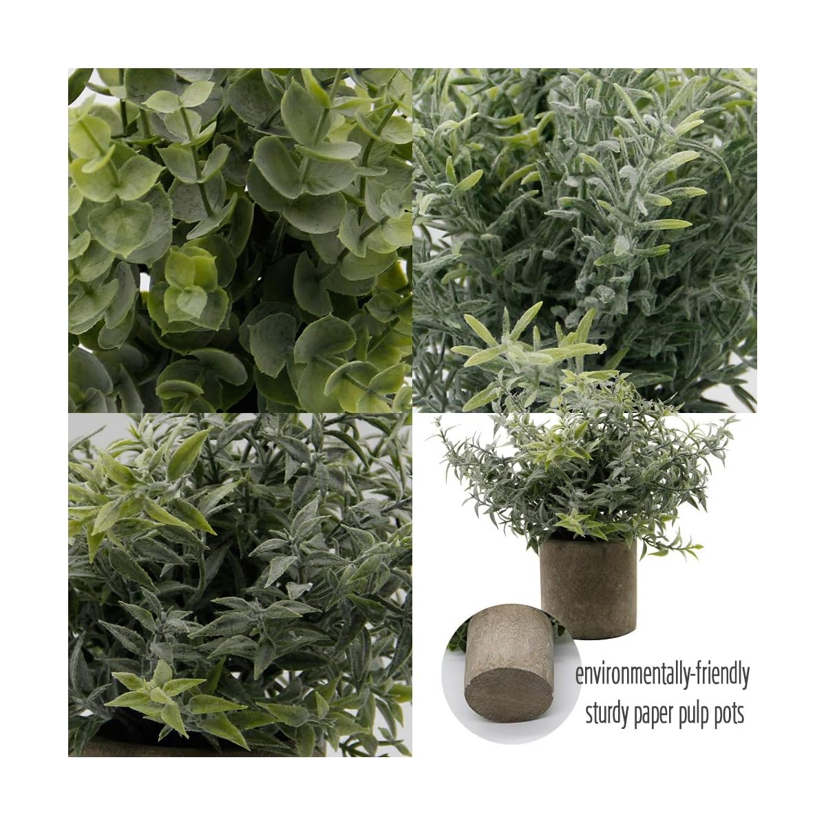Zcaukya Small Potted Artificial Plants, Artificial Eucalyptus Plants Fake Rosemary Carnation Caronation 9.5" Plastic Greenery Plants for Home Office Garden Decor, Indoor & Outdoor, Set of 3 - detail image 2