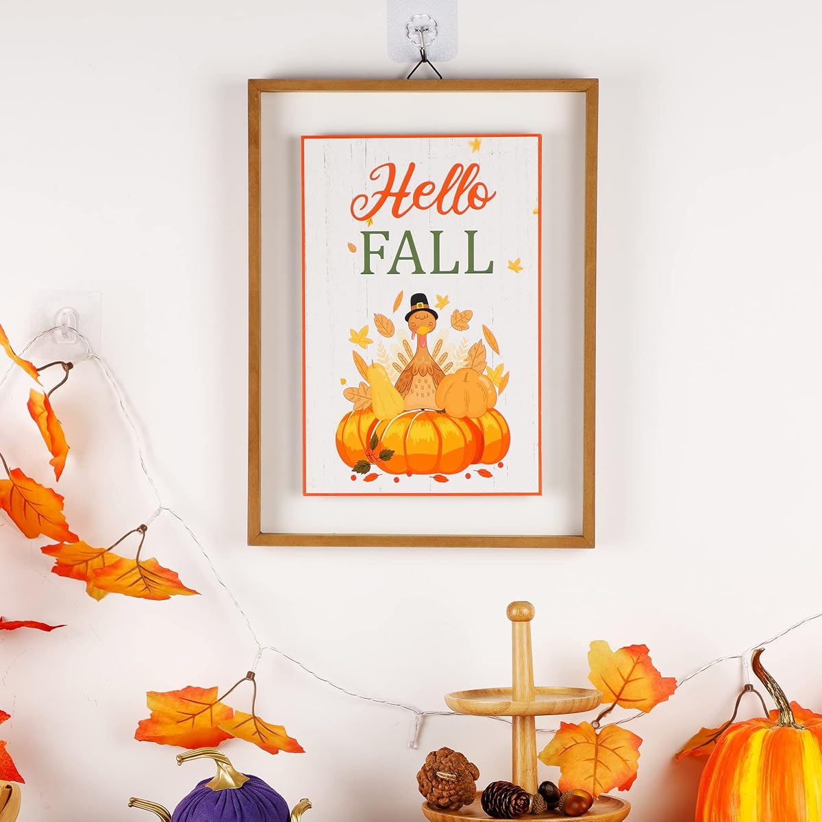 winemana Fall Wall Decor, Thanksgiving Decoration Hello Fall Sign, 15.4" x 11.4" Farmhouse Rustic Turkey Pumpkin Wooden Sign, Perfect for Porch Home Autumn Harvest Decor - imagem de detalhe 6