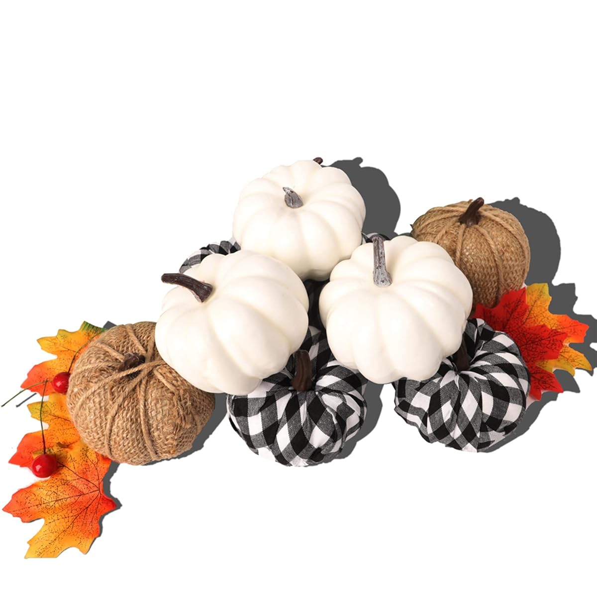 winemana 12 Pcs Thanksgiving Decorations Artificial Pumpkins, Mini White Pumpkins Burlap Lattice Pattern Pumpkins, Fall Decorations for Home Kitchen Table Indoor Outdoor Friendsgiving - 细节图 1