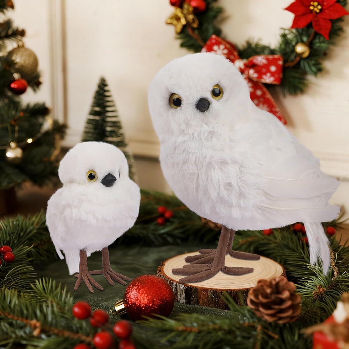 winemana Winter Decorations White Owl Figurine, Set of 2 Christmas Furry Owls Ornaments, Holiday Decor Table Decorations for Home Party - imagen de detalle 4