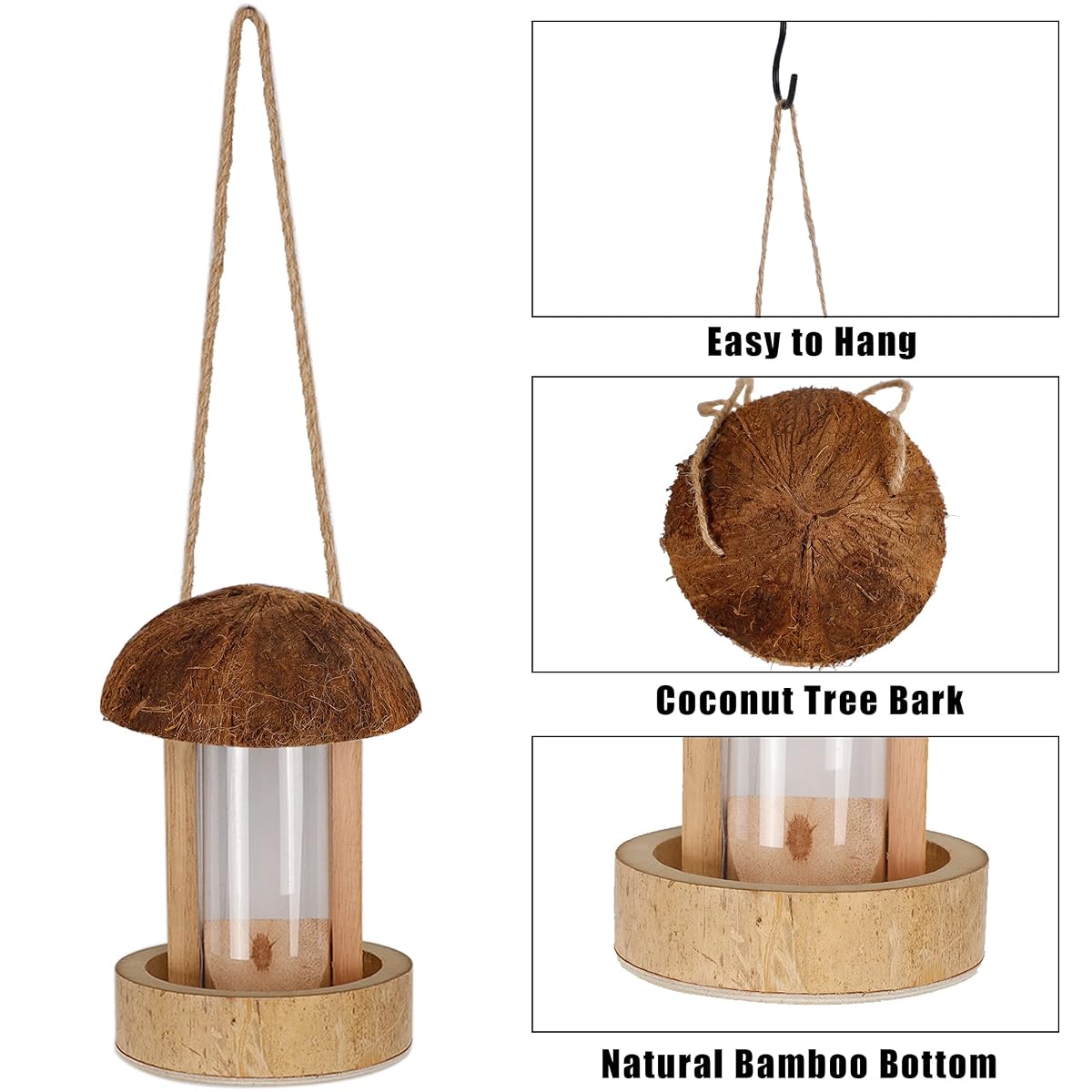 winemana Hanging Bird Feeder, Natural Coconut Bamboo Birdhouse Attract Birds Decorations for Outdoor Garden Yard - imagem de detalhe 3