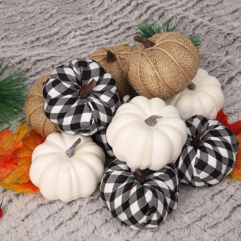 winemana 12 Pcs Thanksgiving Decorations Artificial Pumpkins, Mini White Pumpkins Burlap Lattice Pattern Pumpkins, Fall Decorations for Home Kitchen Table Indoor Outdoor Friendsgiving