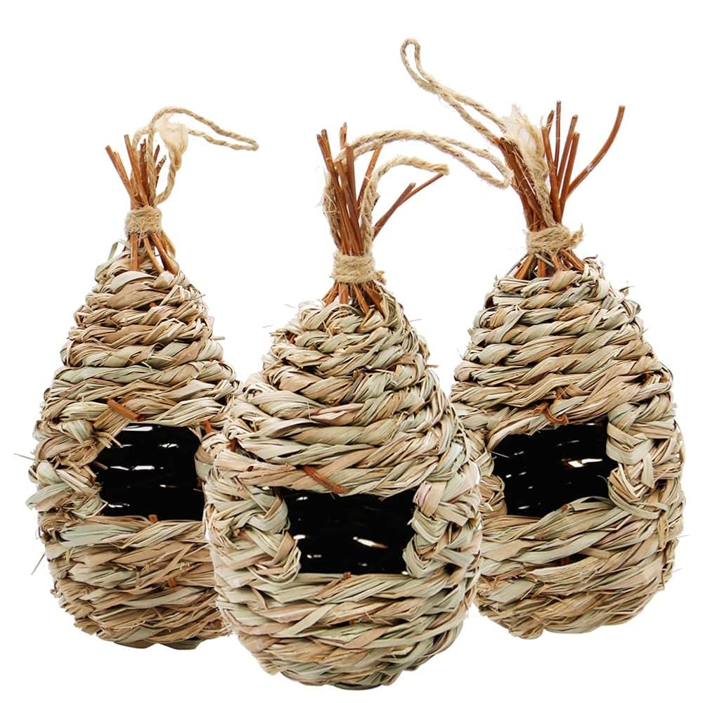 winemana Hand Woven Hummingbird House, Set of 3 Bird Hut 9" x 4", Outside Grass Hanging Bird Hut, Natural Hummingbird Nest for Outdoor.