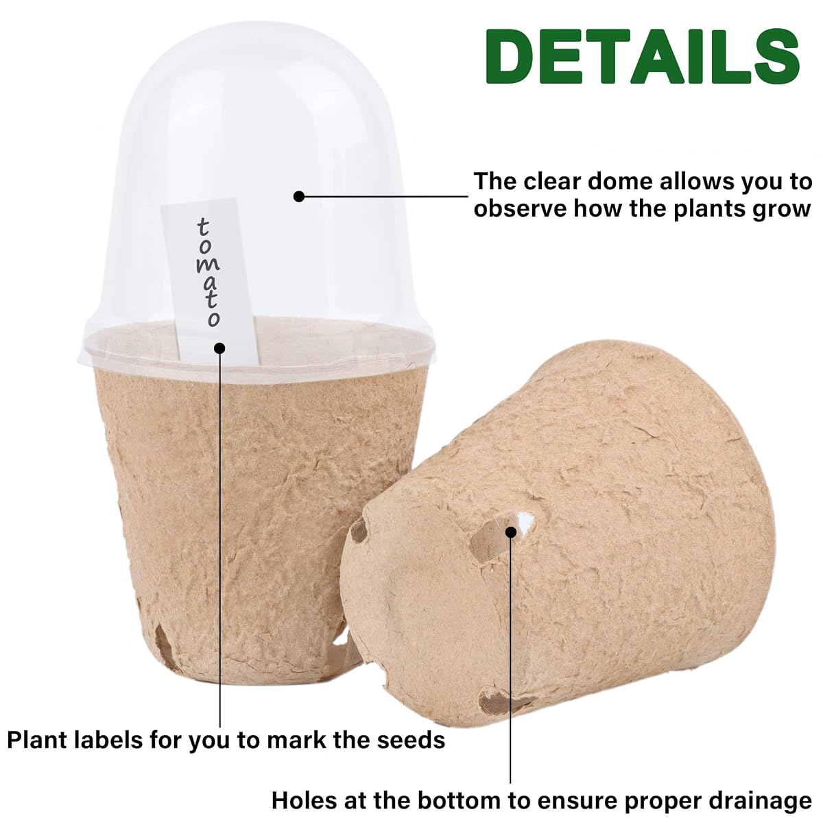 winemana 36 Set Plant Nursery Pots with Humidity Dome, Seed Starter Biodegradable Peat Pots, Seedlings Planting Pots with Labels for Indoor Outdoor Garden - detail image 3