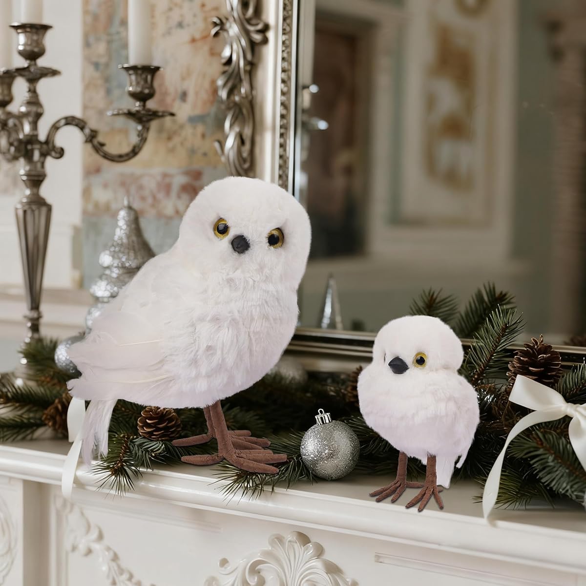 winemana Winter Decorations White Owl Figurine, Set of 2 Christmas Furry Owls Ornaments, Holiday Decor Table Decorations for Home Party - imagen de detalle 6
