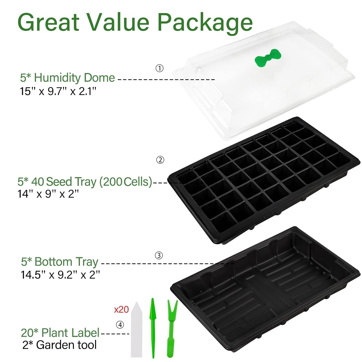 winemana 5 Set Seed Starter Trays with Humidity Dome, 200 Cell Grow Trays Seedlings Plant Staring Trays with Labels, Garden Propagator Set, Mini Greenhouse Germination Kit for Seed Growing - 细节图 1