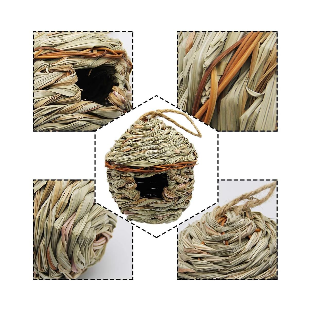 winemana Grass Hand Woven Birdhouse, Outside Grass Hanging Bird Hut, Natural Hummingbird Nest for Outdoor, 2 Pack (Reed) - imagen de detalle 3