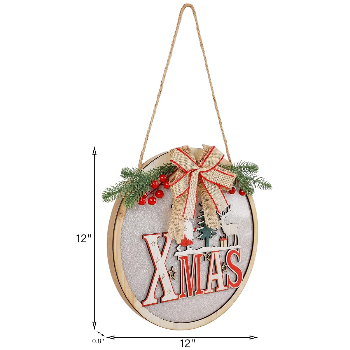 winemana Merry Christmas Hanging Sign, 12" x 12" Lighted Wooden Sign Wreath Xmas Decor, Christmas Decorations Rustic Sign for Front Door Wall Fireplace Indoor Outdoor - imagen de detalle 2
