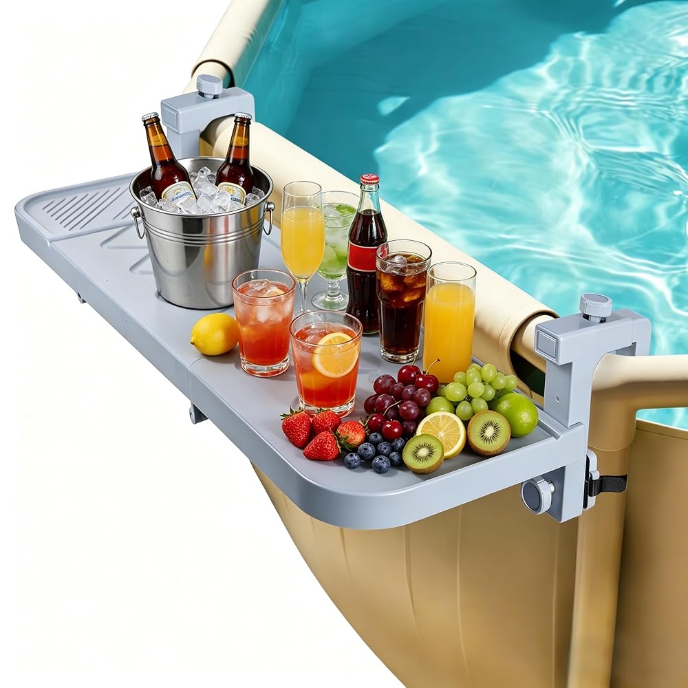 winemana Pool Bar for Above Ground Pool Swim Up Bar 38.4" x12" Adjustable Poolside Table Foldable Swimming Pool Shelf Fits Round Oval Rectangle Pools Clip-On Drink Table for Deck Patio, Grey