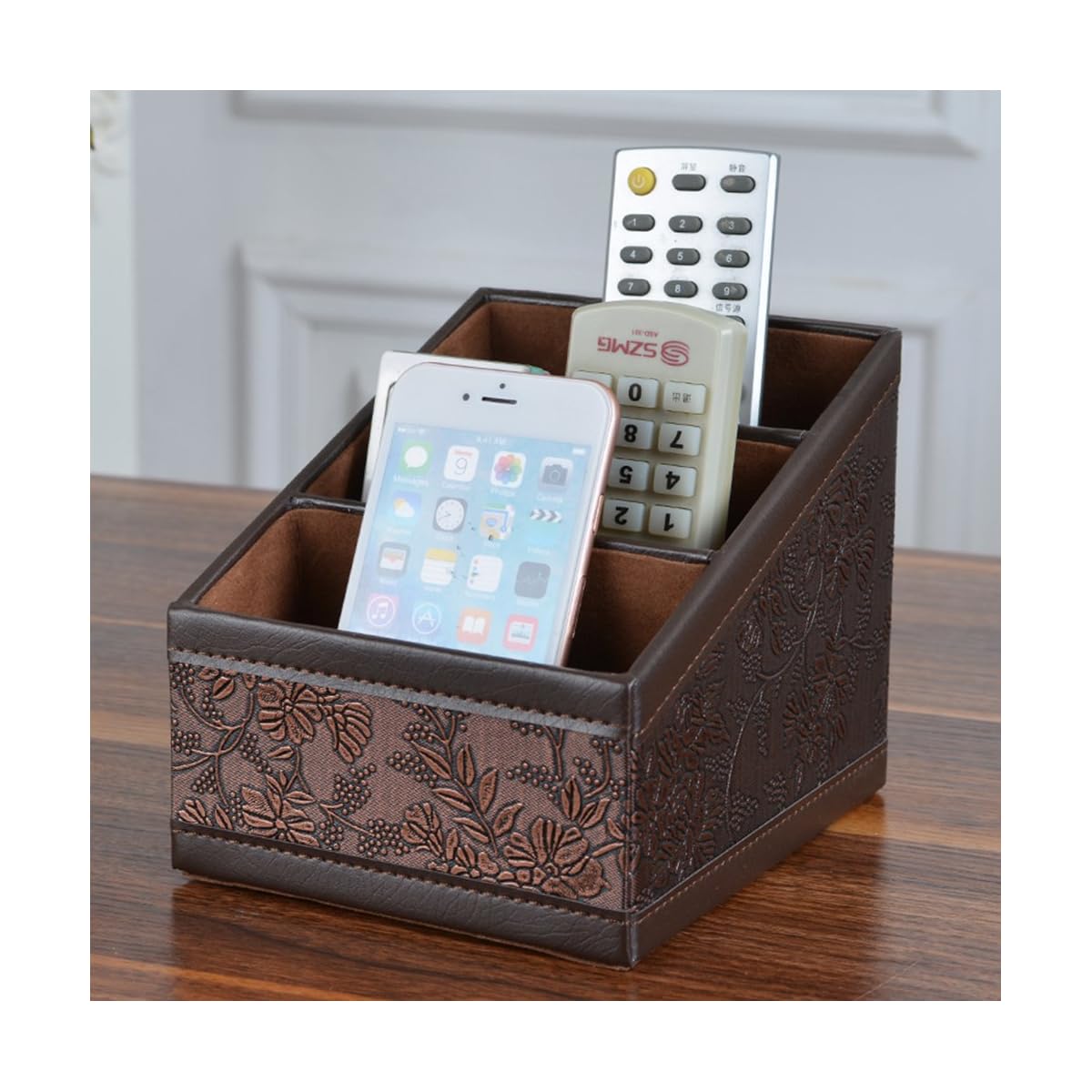 Maggift PU leather Remote Control Holder,3 Slot Remote Control Organizer Brown - detail image 4