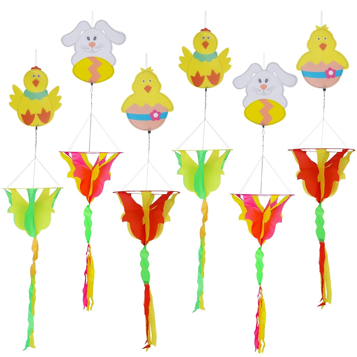 winemana 3.6 FT Spring Outdoor Decorations Wind Spinner, 6 Pcs Hanging Bunny Chick Wind Spiral, Windstock with Twister for Garden Yard Porch Lawn Spring Decor - imagen de detalle 1
