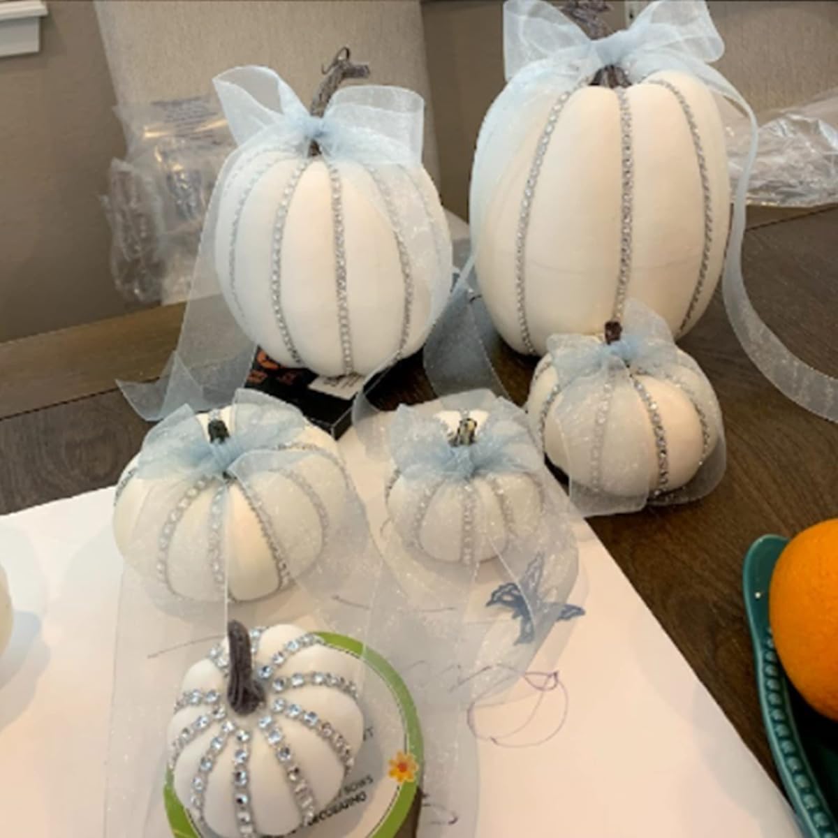 winemana 12 Pcs Thanksgiving Table Decorations Artificial Pumpkin, 6 Sizes Plastic Pumpkins Fall Friendsgiving Decoration for Fireplace Kitchen Party Harvest Day (White) - detail image 6