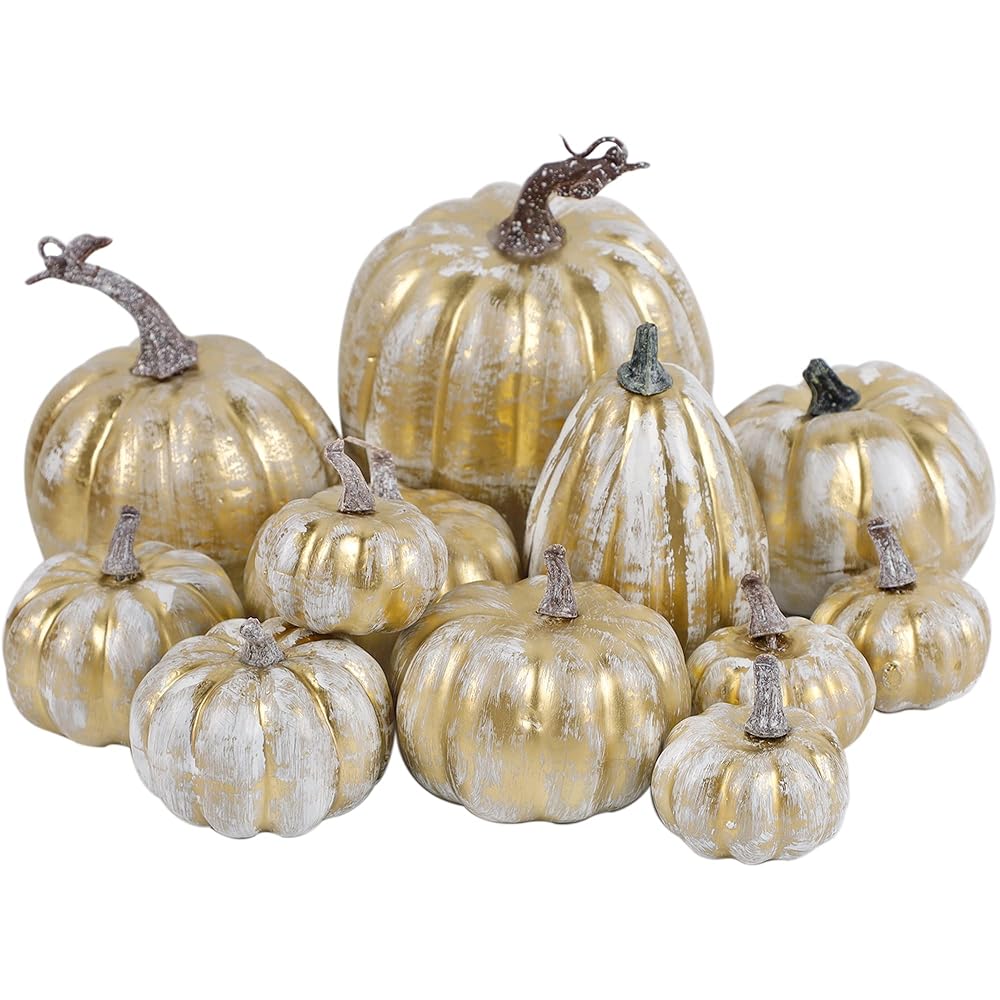 winemana 12 Pcs Pumpkin Fall Decorations, Golden Artificial Pumpkins