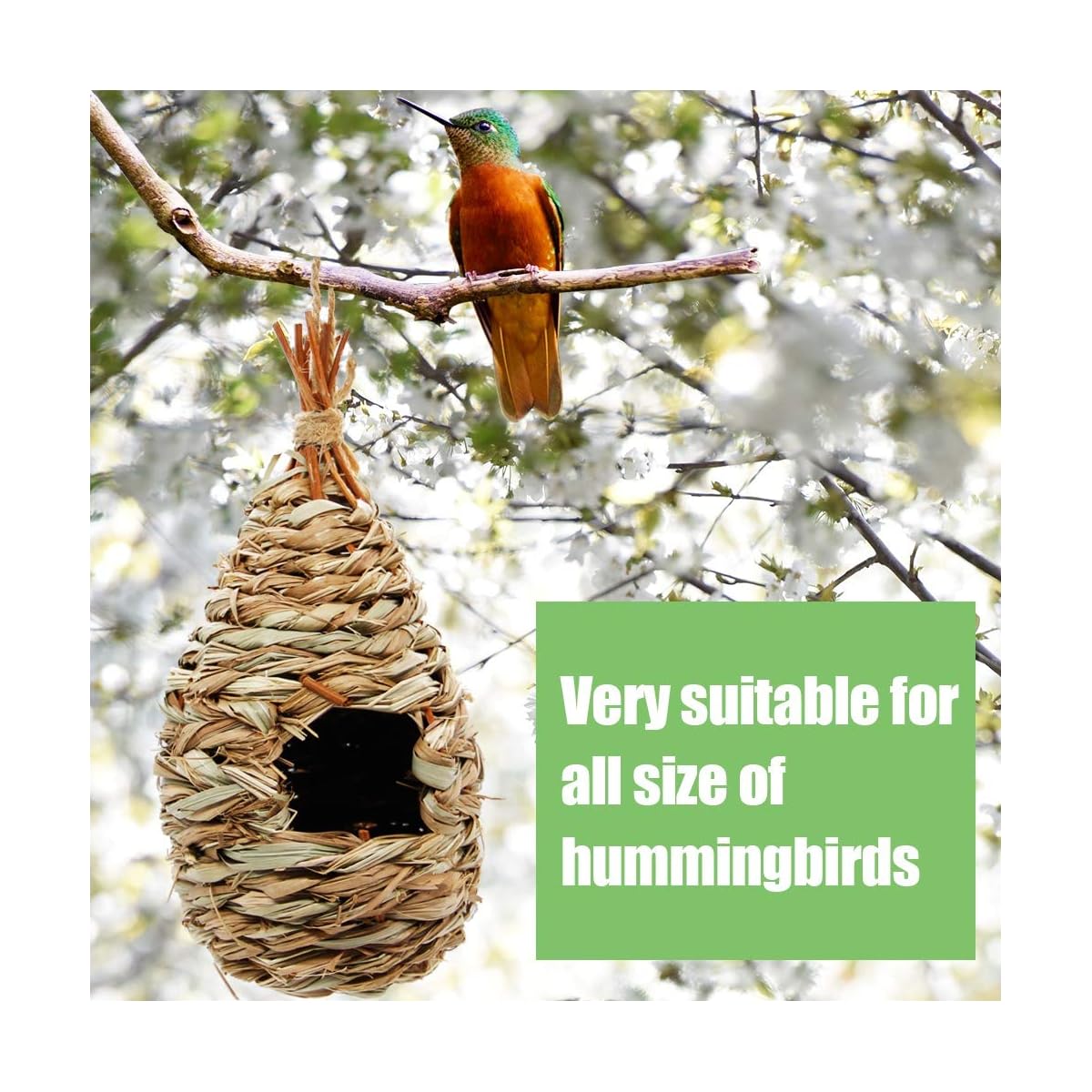 winemana Hand Woven Hummingbird House, Set of 3 Bird Hut 9" x 4", Outside Grass Hanging Bird Hut, Natural Hummingbird Nest for Outdoor. - detail image 3