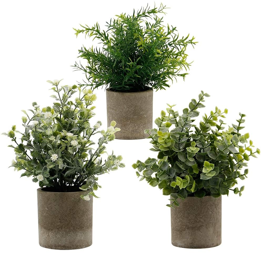 Zcaukya Small Potted Artificial Plants, Artificial Eucalyptus Plants Fake Rosemary 9.5" Plastic Greenery Plants for Home Office Garden Decor, Indoor & Outdoor, Set of 3 (White)