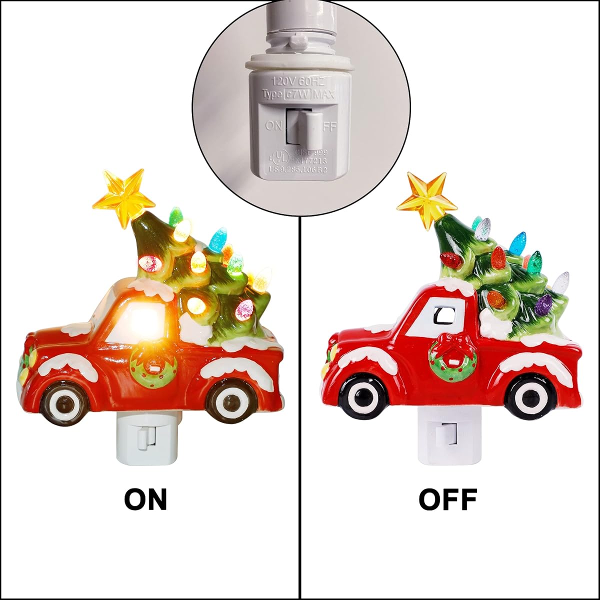DR.DUDU Christmas Ceramic Night Light Red Truck with Christmas Tree, Decorative Xmas Nightlights with Multicolor Lights, Perfect for Home Bedroom Hallway Holiday Decor - 细节图 3