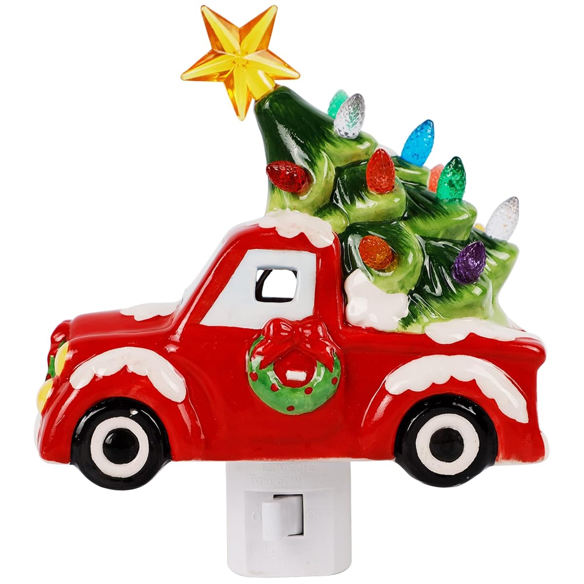 DR.DUDU Christmas Ceramic Night Light Red Truck with Christmas Tree, Decorative Xmas Nightlights with Multicolor Lights, Perfect for Home Bedroom Hallway Holiday Decor - 细节图 1