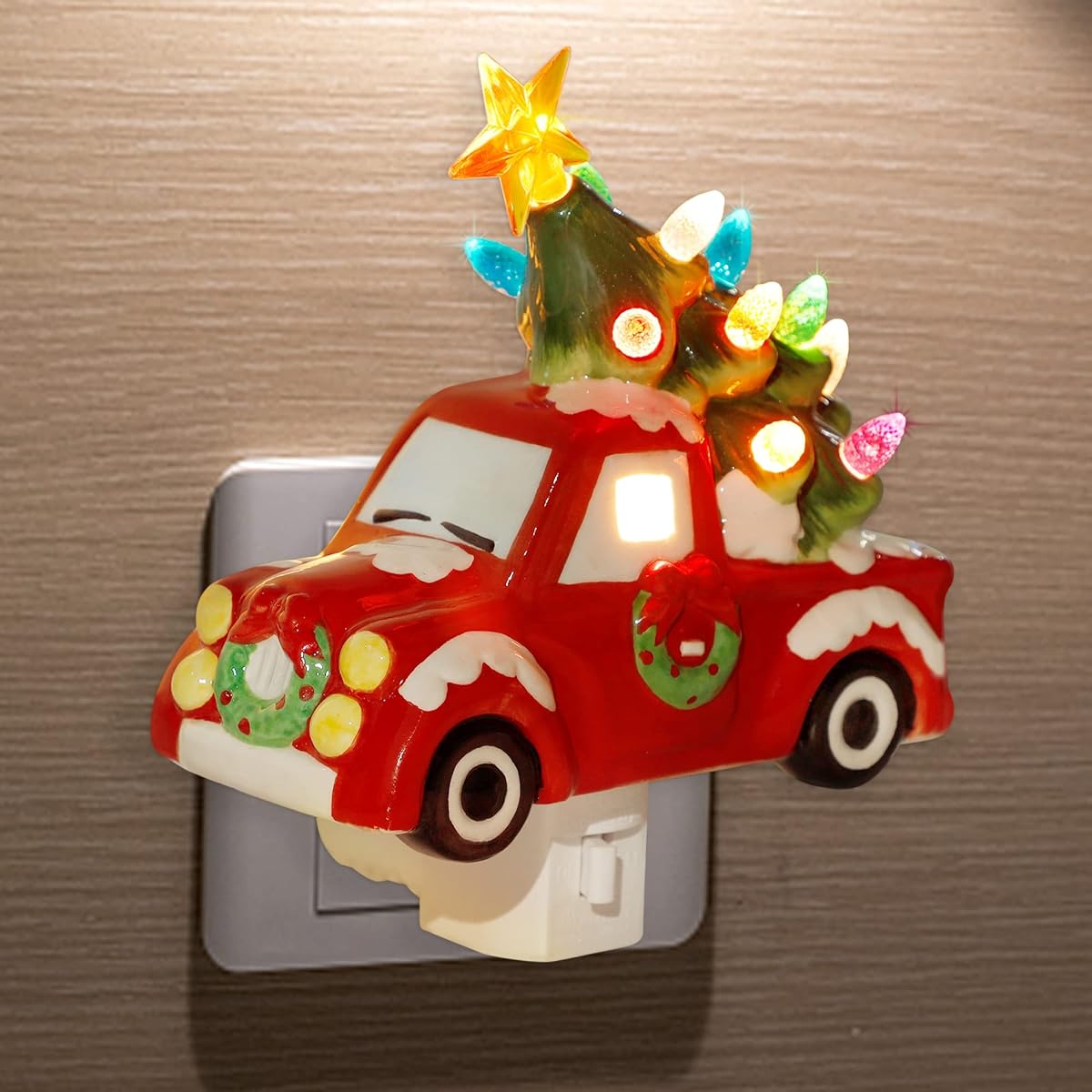 DR.DUDU Christmas Ceramic Night Light Red Truck with Christmas Tree, Decorative Xmas Nightlights with Multicolor Lights, Perfect for Home Bedroom Hallway Holiday Decor - 细节图 4