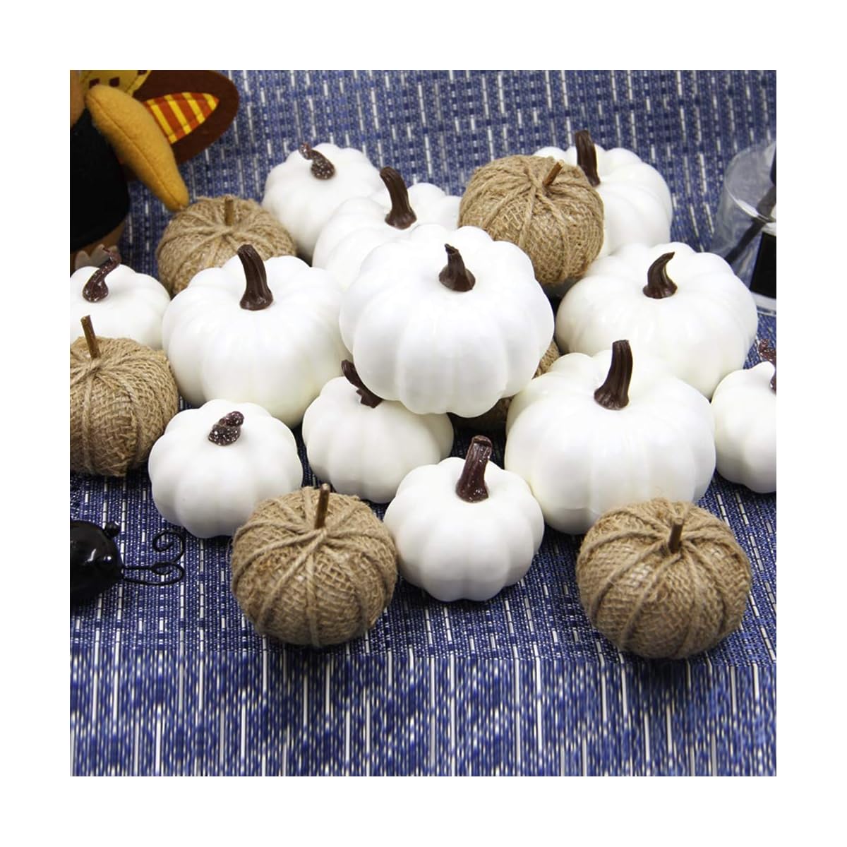 winemana 18 Pcs Thanksgiving Decorations Artificial Pumpkins, Set of 12 Foam Pumpkins and 6 Linen Pumpkins, 3 Measurements Fall Autumn Decor for Fireplace Kitchen Thanksgiving Party Harvest Day - detail image 3