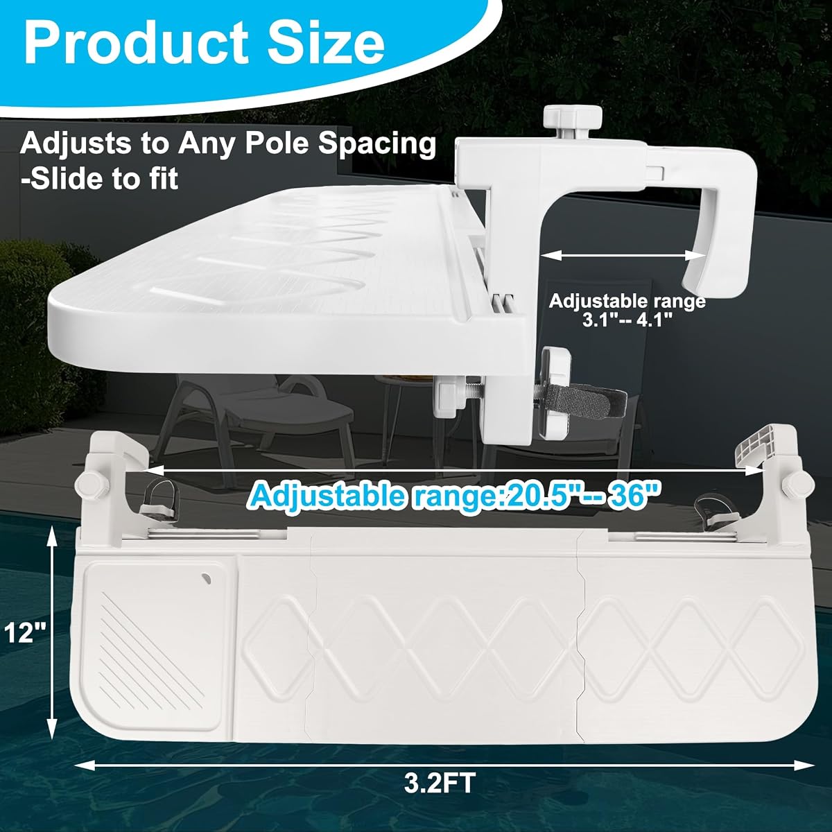 winemana Pool Bar for Above Ground Pool Swim Up Bar 38.4" x12" Adjustable Poolside Table Foldable Swimming Pool Shelf Fits Round Oval Rectangle Pools Clip-On Drink Table for Deck Patio, White - imagem de detalhe 2
