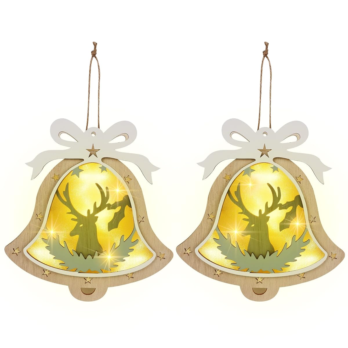 winemana 2 Pack Christmas Jingle Bell Ornaments, 8" x 7.5" Christmas Wall Decor Lighted Jingle Bells with Reindeer, Perfect Decoration for Christmas Tree Home Wall Door Xmas Party - imagem de detalhe 1