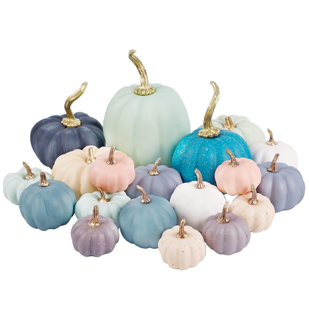 winemana 19 Pcs Thanksgiving Decorations Artificial Pumpkins, 8 Sizes 12 Colors Fall Fake Plastic Pumpkins Friendsgiving Decorations for Home Kitchen Table Indoor Outdoor Wedding Party