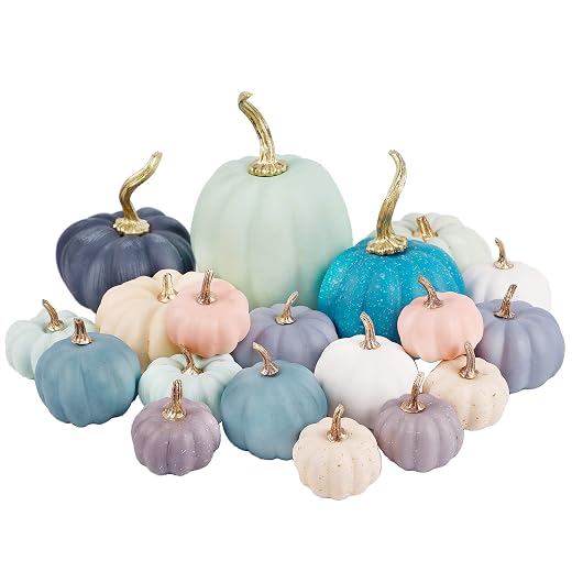 winemana 19 Pcs Thanksgiving Decorations Artificial Pumpkins, 8 Sizes 12 Colors Fall Fake Plastic Pumpkins Friendsgiving Decorations for Home Kitchen Table Indoor Outdoor Wedding Party
