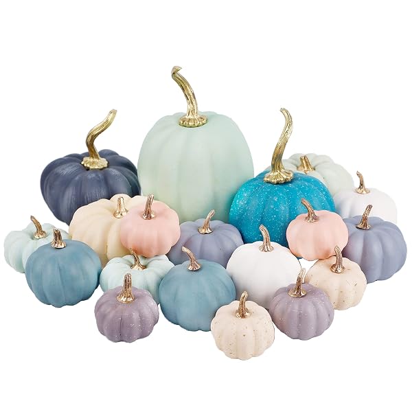 winemana 19 Pcs Thanksgiving Decorations Artificial Pumpkins, 8 Sizes 12 Colors Fall Fake Plastic Pumpkins Friendsgiving Decorations for Home Kitchen Table Indoor Outdoor Wedding Party