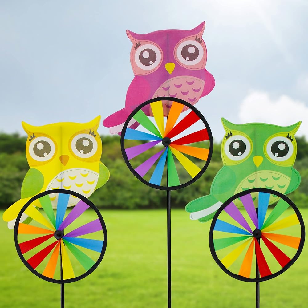 winemana 3 Pcs Garden Wind Spinner, 26 Inch Owl Pinwheels Animal Wind Spinners, Outdoor Decorations Pinwheel Windmill for Outside Garden Yard Lawn Spring Decor