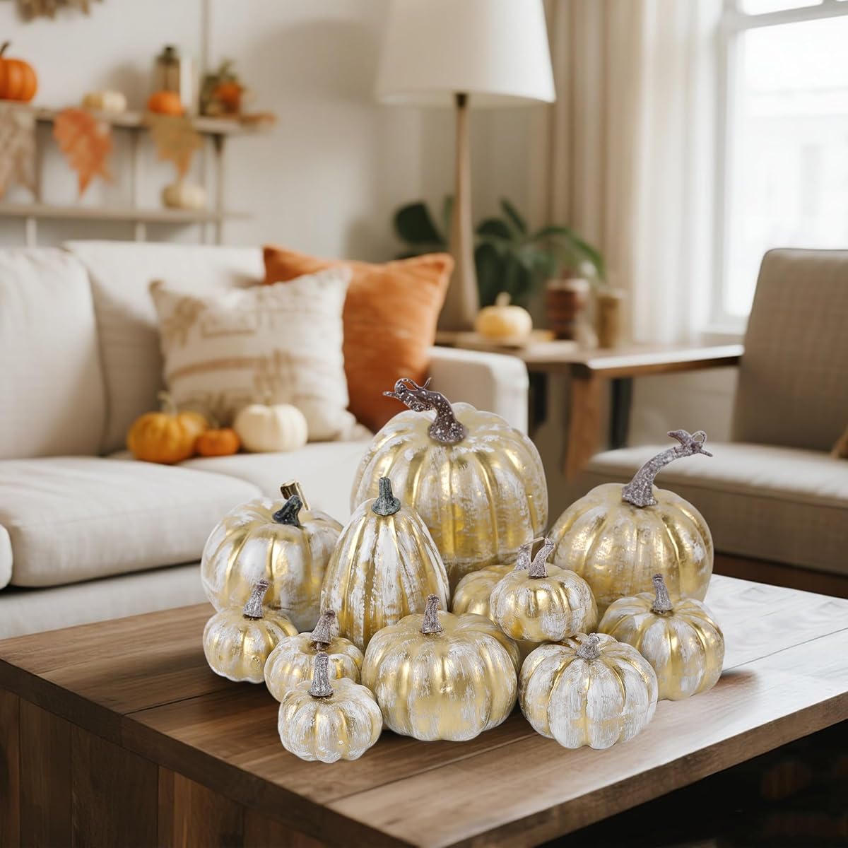 winemana 12 Pcs Pumpkin Fall Decorations, Golden Artificial Pumpkins - imagem de detalhe 1