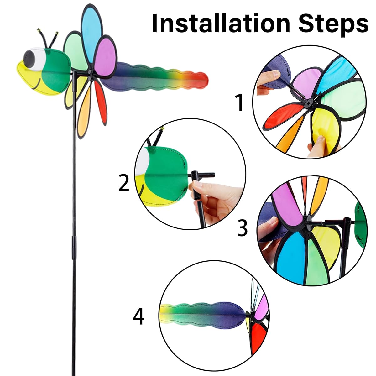 winemana 3 Pcs Garden Decor Wind Spinner, 35 Inch 3D Dragonfly Pinwheels Windmill with Garden Stakes, Outdoor Pinwheel for Yard Garden Lawn Spring Party Decorations - detail image 2