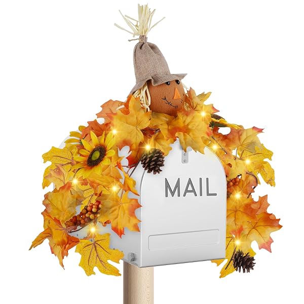 winemana 31.5in Outdoor Fall Decor for Mailbox, Lighted Fall Swag with 8 Modes & Timer, Autumn Scarecrow & Sunflower Thanksgiving Table Centerpiece Decorations