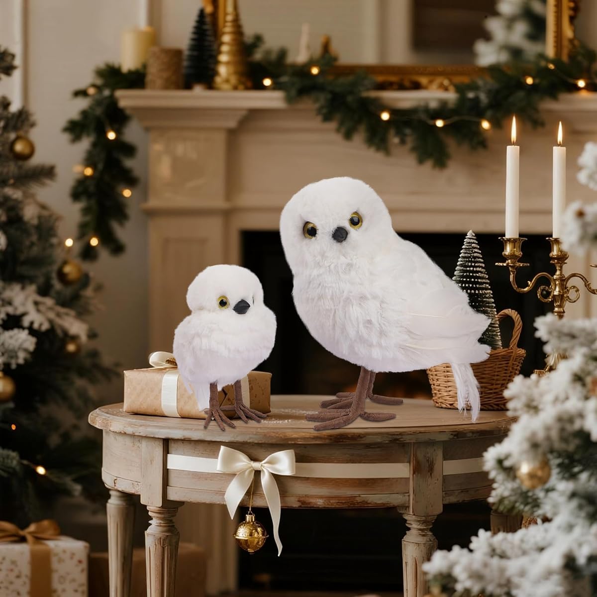 winemana Winter Decorations White Owl Figurine, Set of 2 Christmas Furry Owls Ornaments, Holiday Decor Table Decorations for Home Party - imagen de detalle 1