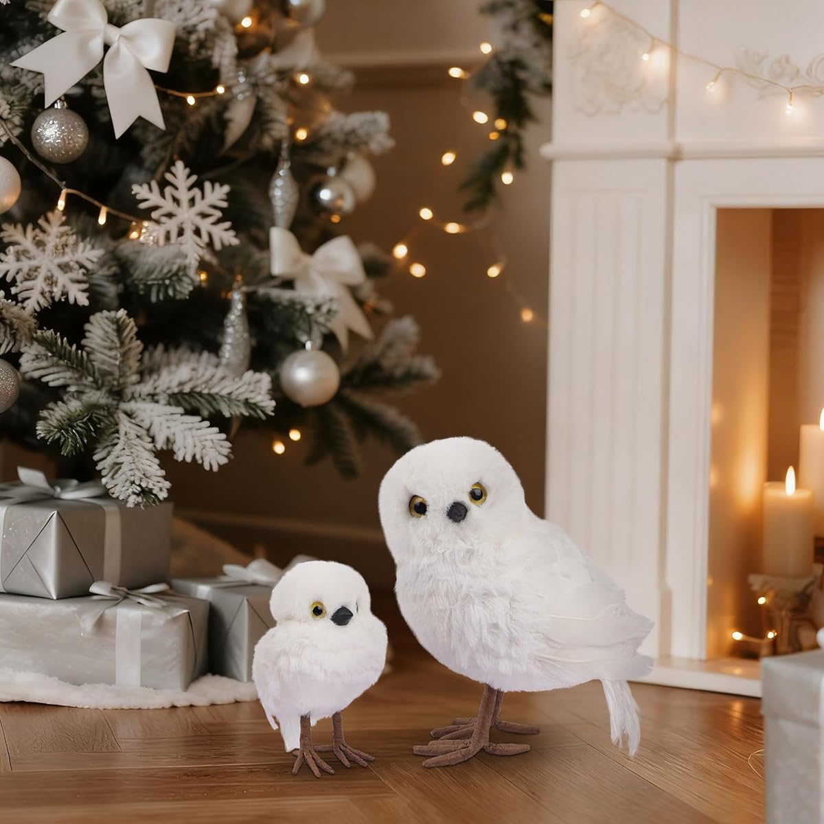 winemana Winter Decorations White Owl Figurine, Set of 2 Christmas Furry Owls Ornaments, Holiday Decor Table Decorations for Home Party - imagen de detalle 5