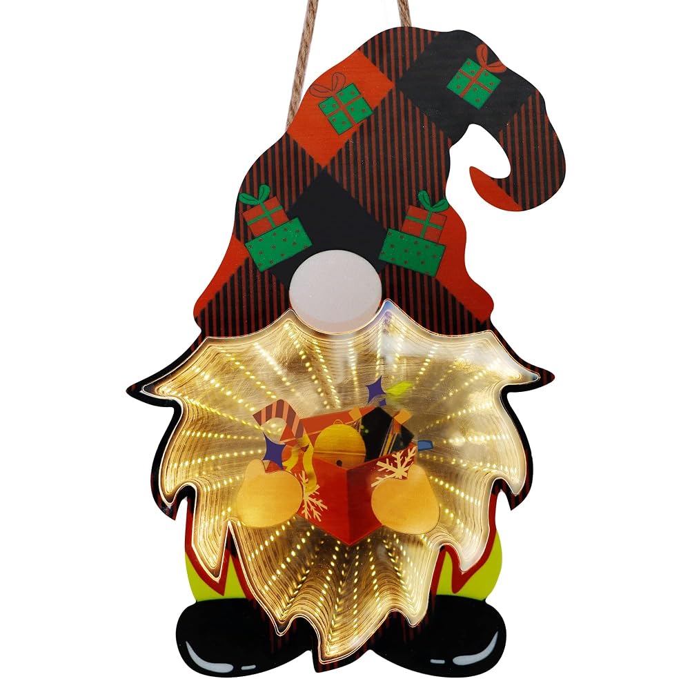 winemana Christmas Decorations Door Sign, 12" x 8" Santa Gnome with LED Lights, Xmas Hanging Sign with Infinity Mirror Tunnel Lights for Window Front Door Wall Indoor Outdoor Party