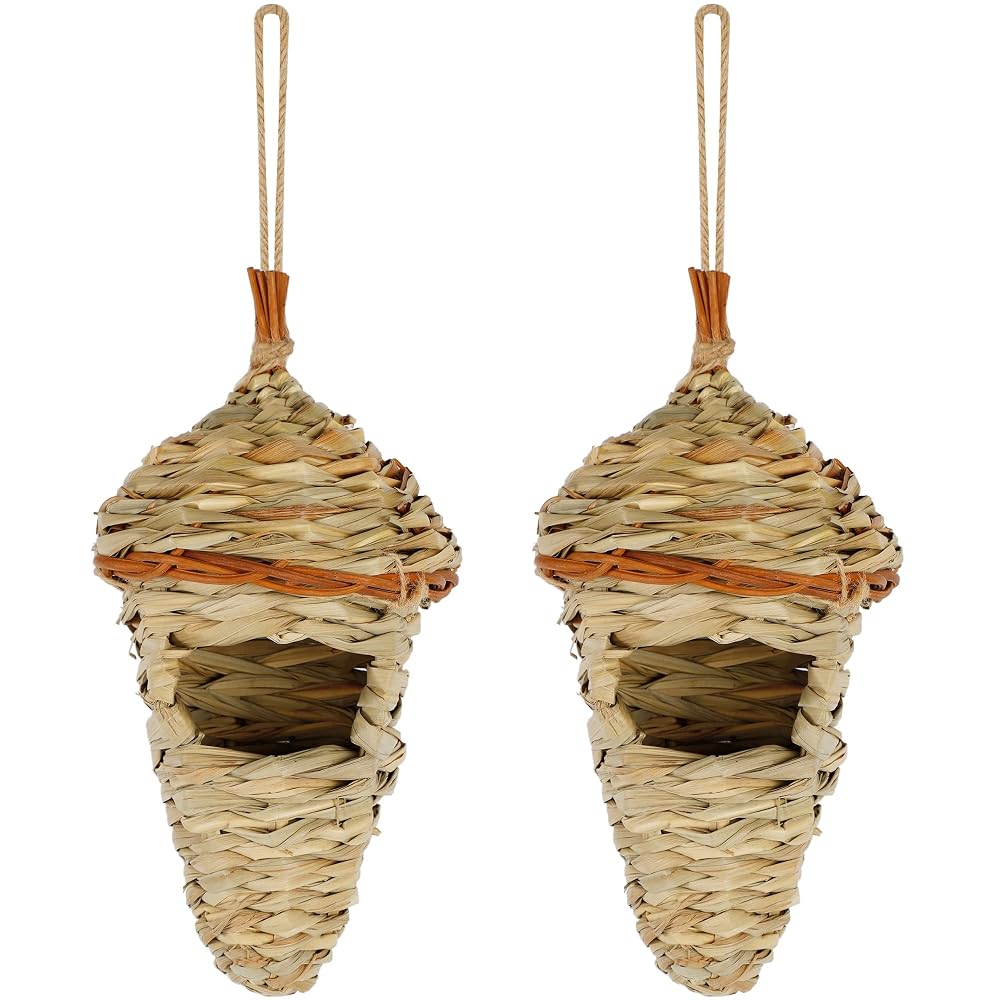 winemana 2 Pack Hanging Hummingbird Nest House, Durable Hand Woven Bird Hut, Made of Natural Grass, Perfect for Outdoor Garden Patio Lawn