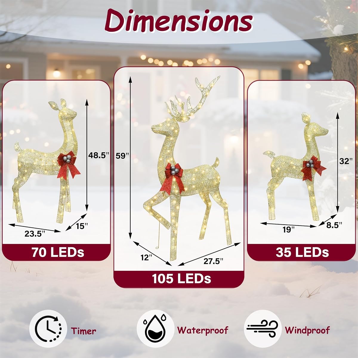 winemana 5ft Reindeer Christmas Outdoor Decorations, Set of 3 Extra Large Deer Yard Decor- Lighted 3D Reindeer Family Set for Outside Lawn Garden Xmas Holiday Party Decor (Gold) - detail image 1