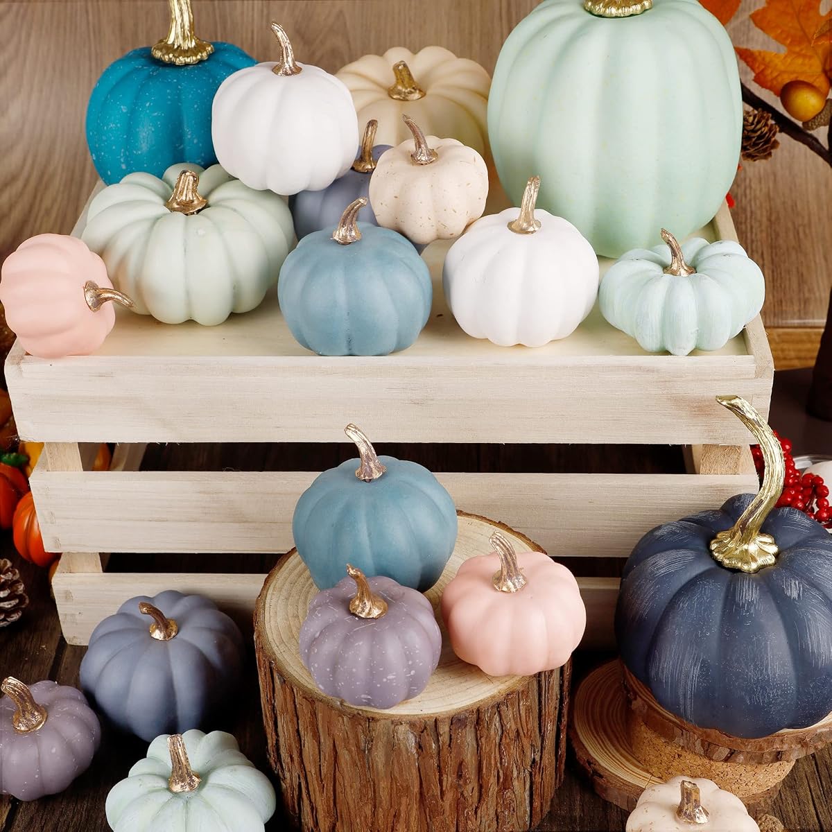 winemana 19 Pcs Thanksgiving Decorations Artificial Pumpkins, 8 Sizes 12 Colors Fall Fake Plastic Pumpkins Friendsgiving Decorations for Home Kitchen Table Indoor Outdoor Wedding Party - 细节图 5