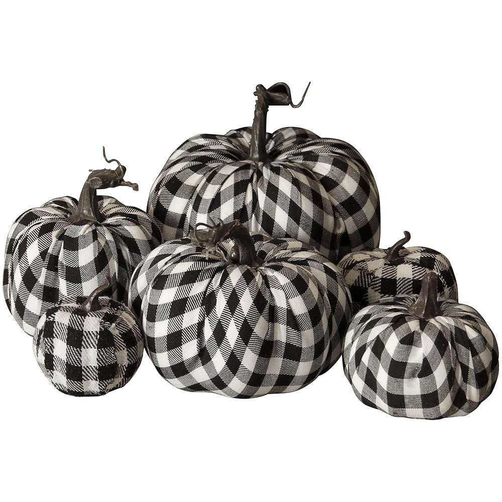 winemana 6 Pcs Thanksgiving Decorations Artificial Pumpkins, Different Sizes Vivid Fake Foam Pumpkin in Black&White Grid, Fall Decorations for Home Kitchen Table Indoor Outdoor Friendsgiving