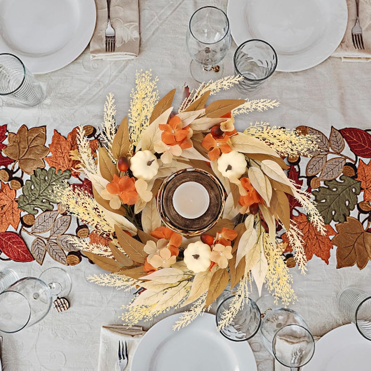 winemana Fall Wreath Decor Wreaths for Front Door Thanksgiving Indoor Decorations, 21.6 Inch Autumn Wreath with White Pumpkin for Table Home Outdoor Farmhouse Harvest Decor - imagem de detalhe 6
