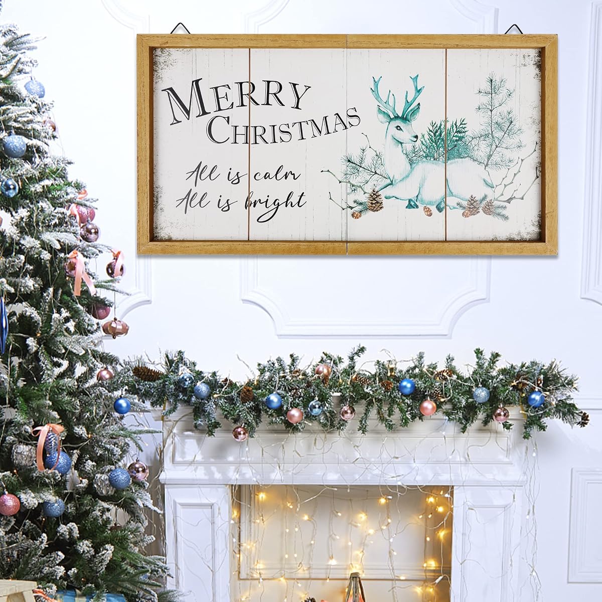 winemana Merry Christmas Wooden Sign Wall Decor, 20" x 10.4" Foldable Hanging Decorative Sign Christmas Decorations, Reindeer Wall Art for Home Kitchen Living Room Fireplace Indoor Holiday Decor - imagem de detalhe 6