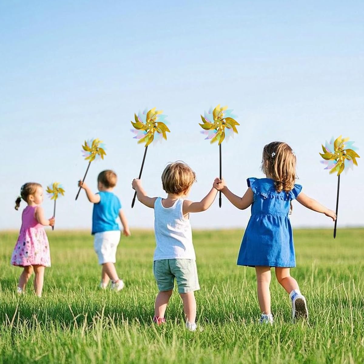 winemana 12 Pcs Reflective Pinwheels Outdoor, Wind Spinners for Yard & Garden, Sparkly Bird Repellent Windmill Scare Birds Away, Deterrent Devices for Outside Patio Lawn Spring Decor (Yellow) - imagem de detalhe 3