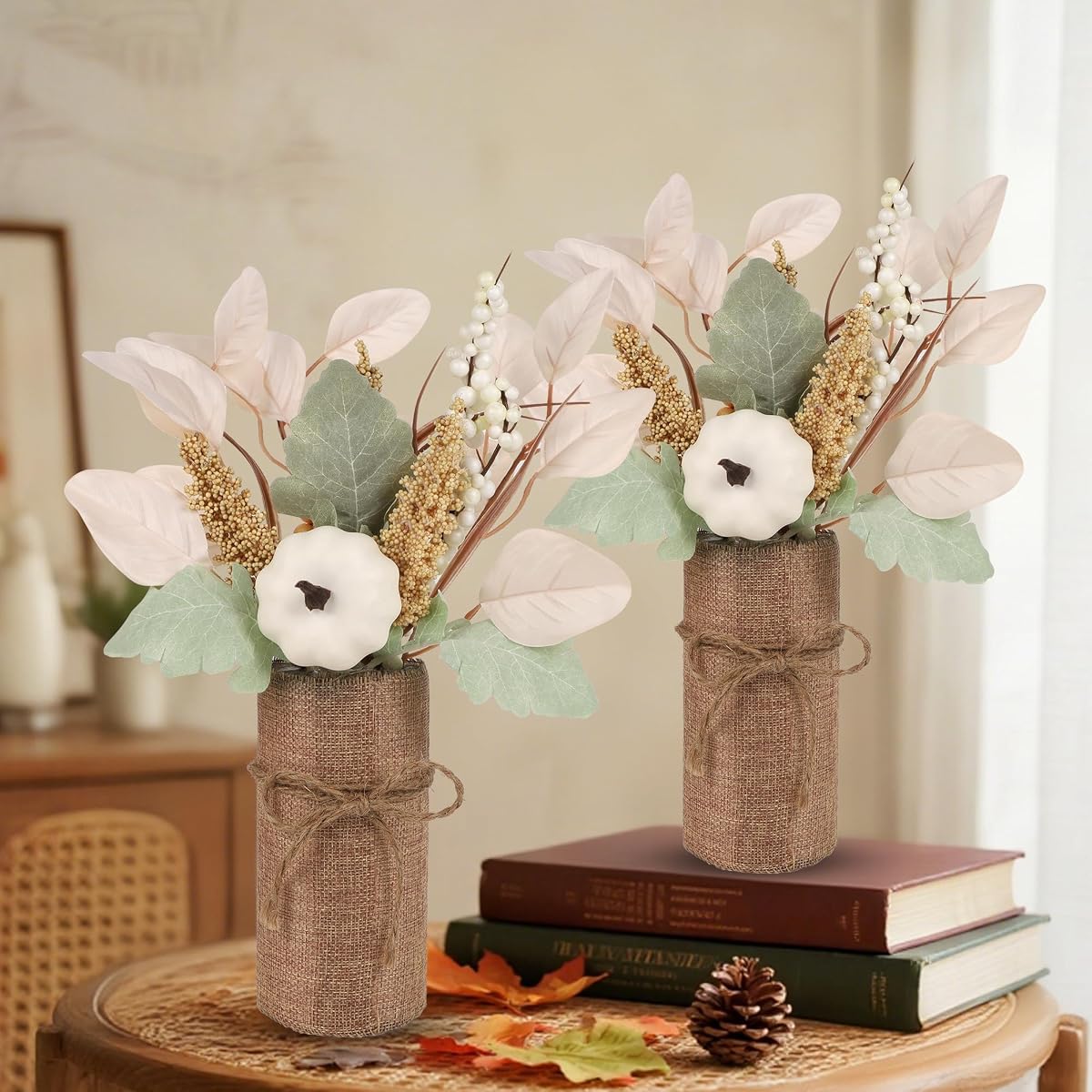winemana 2 Pack Fall Table Decor, Fake Pumpkin Leaf Berry Dining Table Centerpiece Thanksgiving Decorations for Harvest Wedding Room Home Farmhouse Porch - imagem de detalhe 5