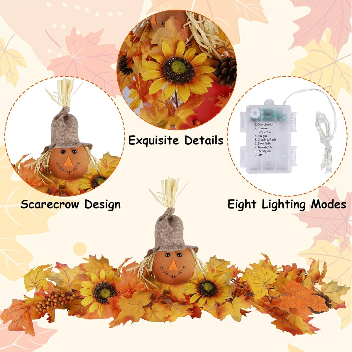 winemana 31.5in Outdoor Fall Decor for Mailbox, Lighted Fall Swag with 8 Modes & Timer, Autumn Scarecrow & Sunflower Thanksgiving Table Centerpiece Decorations - imagem de detalhe 4