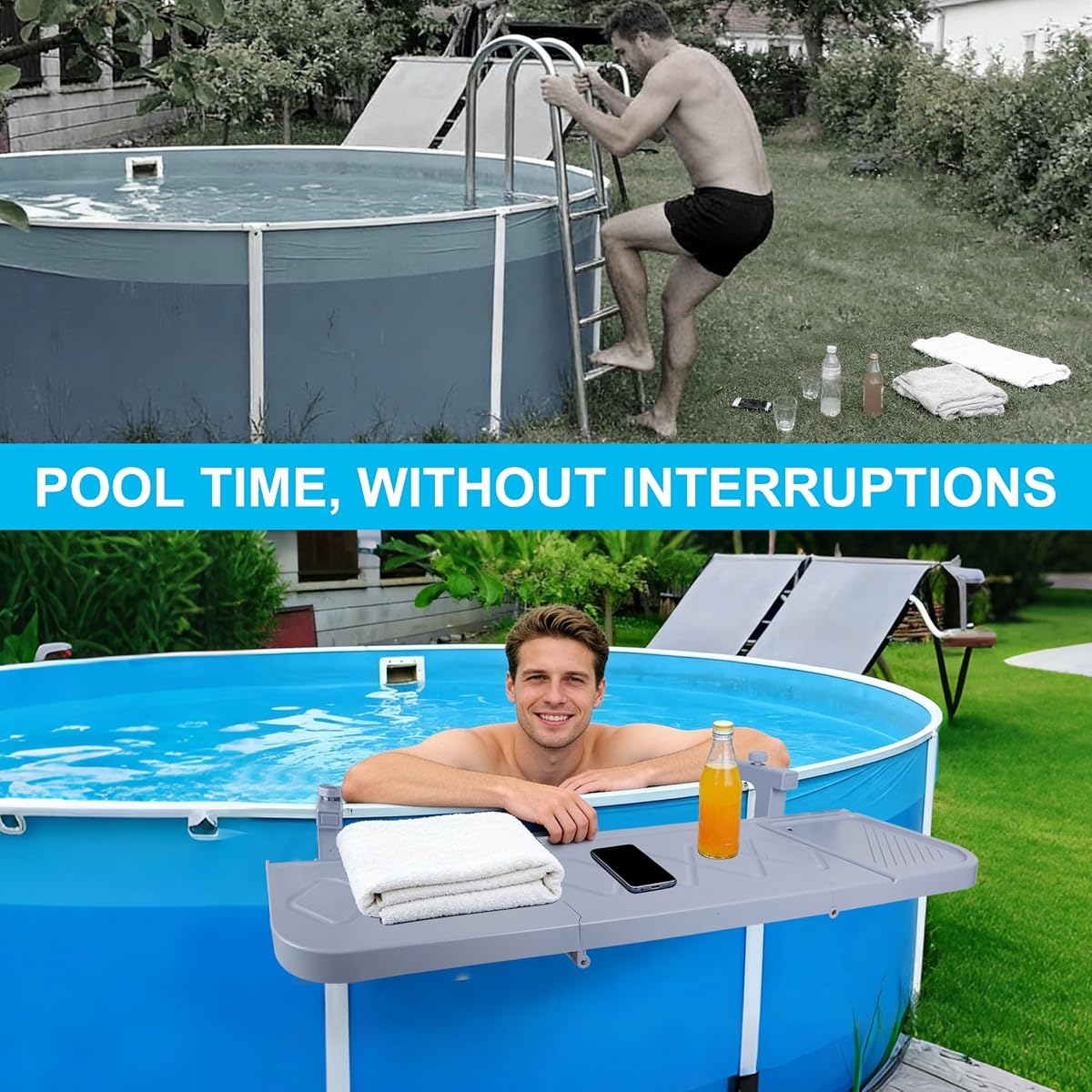 winemana Pool Bar for Above Ground Pool Swim Up Bar 38.4" x12" Adjustable Poolside Table Foldable Swimming Pool Shelf Fits Round Oval Rectangle Pools Clip-On Drink Table for Deck Patio, Grey - imagem de detalhe 5