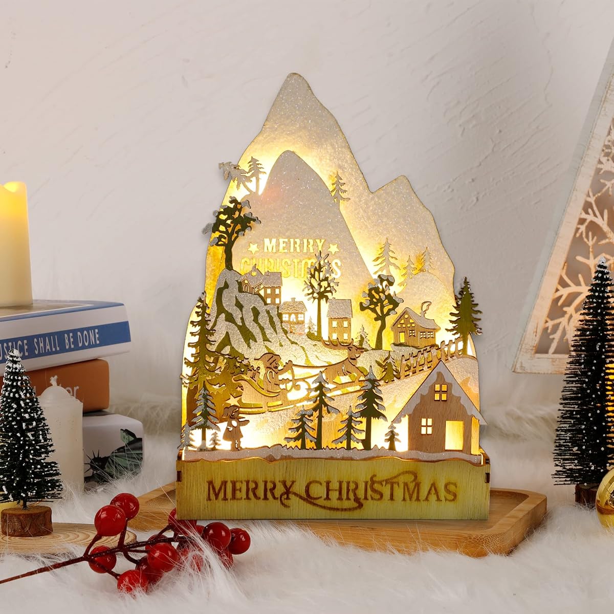 winemana Christmas Lighted Table Decorations, 9.4" x 6.7" Merry Christmas Snowy Village, Battery-Operated Wooden Tabletop Ornaments for Home Kitchen Fireplace Office Desk Indoor Holiday Decor - detail image 6