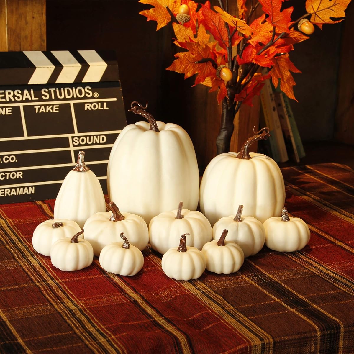winemana 12 Pcs Thanksgiving Table Decorations Artificial Pumpkin, 6 Sizes Plastic Pumpkins Fall Friendsgiving Decoration for Fireplace Kitchen Party Harvest Day (White) - detail image 5